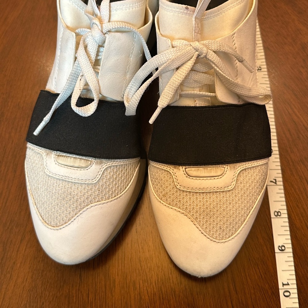 Balenciaga White Sneakers with Black Elastic Band | Designer Statement Shoes - Picture 3 of 7